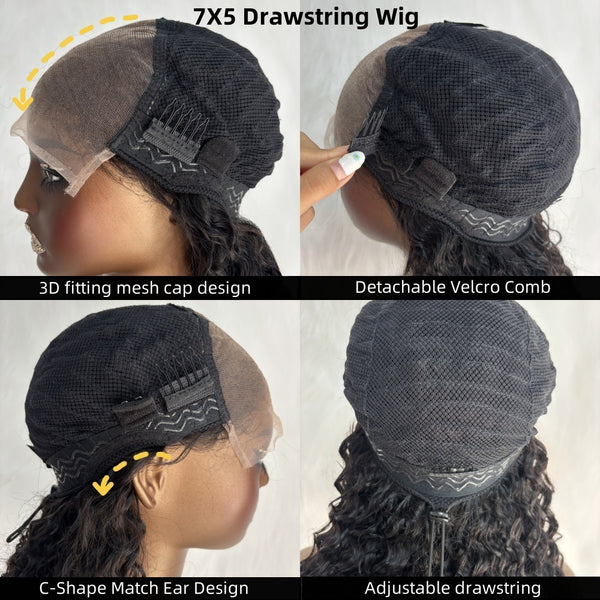 7X5 Drawstring  Pre-Cut Swiss Lace Closure Wig - Burmese Curls