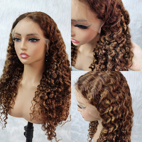 Glueless Air Cap "Mini Knotless" 5X5/13X6 HD Lace Front Wig Brown Highlight Burmese Curls