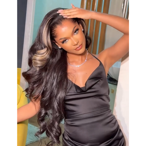 Pre-curled Pre-Lux PRESHAPED Natural Hairline 13x6 Lace Side Parting Special Highlight Color Body Wave Wavy Wig