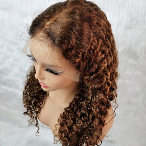 Glueless Air Cap "Mini Knotless" 5X5/13X6 HD Lace Front Wig Brown Highlight Burmese Curls