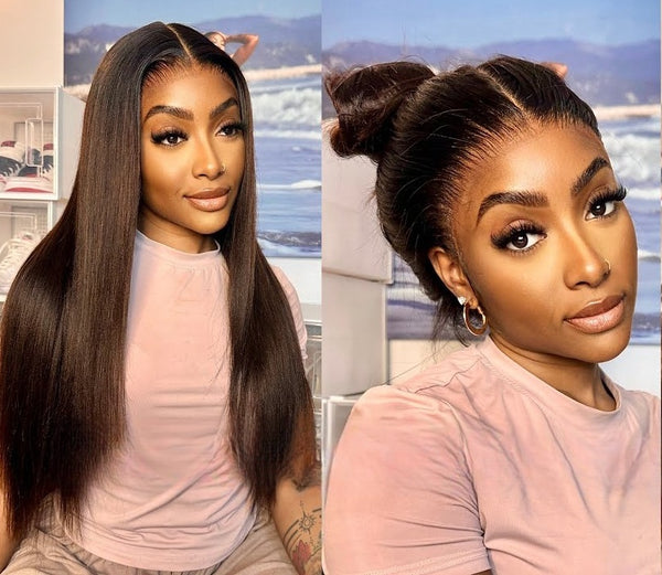 *New* Full Lace Swiss Lace Super Pre-Plucked Hairline Human Hair Brown Yaki Straight Wig With Invisible Strap