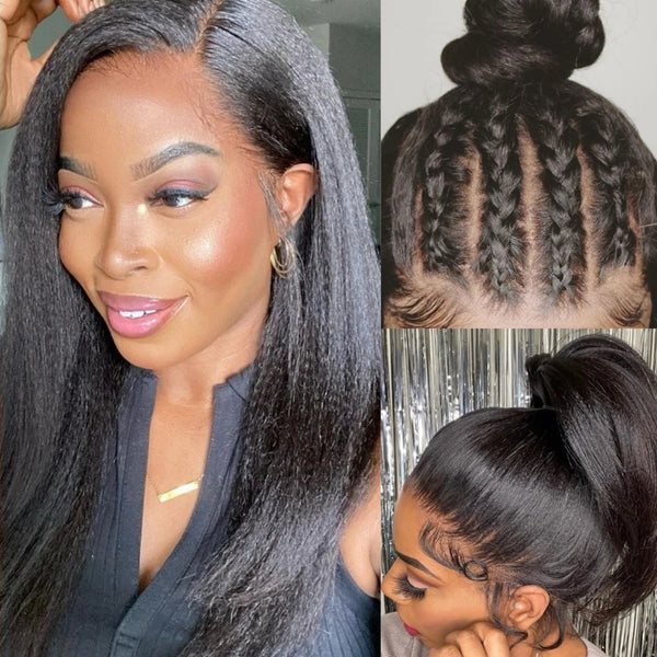 *New* Full Lace Swiss Lace Super Pre-Plucked Hairline Human Hair Brown Yaki Straight Wig With Invisible Strap