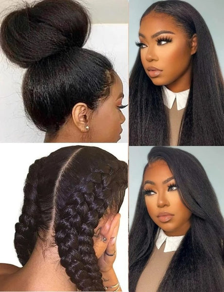 *New* Full Lace Swiss Lace Super Pre-Plucked Hairline Human Hair Brown Yaki Straight Wig With Invisible Strap