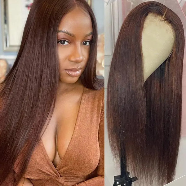 *New* Full Lace Swiss Lace Super Pre-Plucked Hairline Human Hair Brown Yaki Straight Wig With Invisible Strap