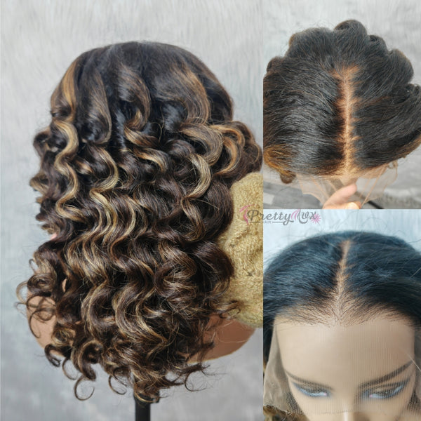 "Mini Knotless"13x6 Fitted Cap Glueless HD Lace Highlight Super Pre-Plucked Hairline Kinky Loose Wig