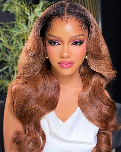 Pre-curled Pre-Lux PRESHAPED Natural Hairline 13x6 Lace Ombre Brown Layered Body Wave Wavy Wig