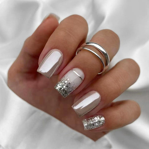 Square Silver Glitter Nails