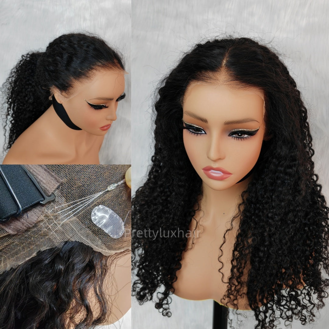 PRE-CUT EAR TAB 360 Lace “Mini-Knotless” Swiss Lace Curly With Invisible Adjustable Strap