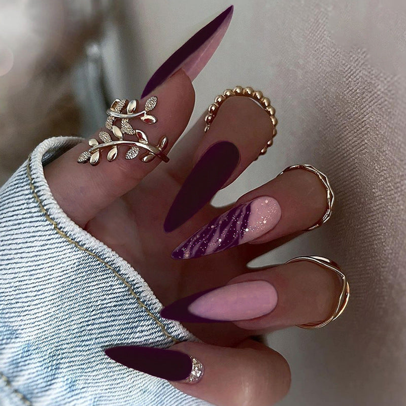 Purple Glitter Long Tip Nail