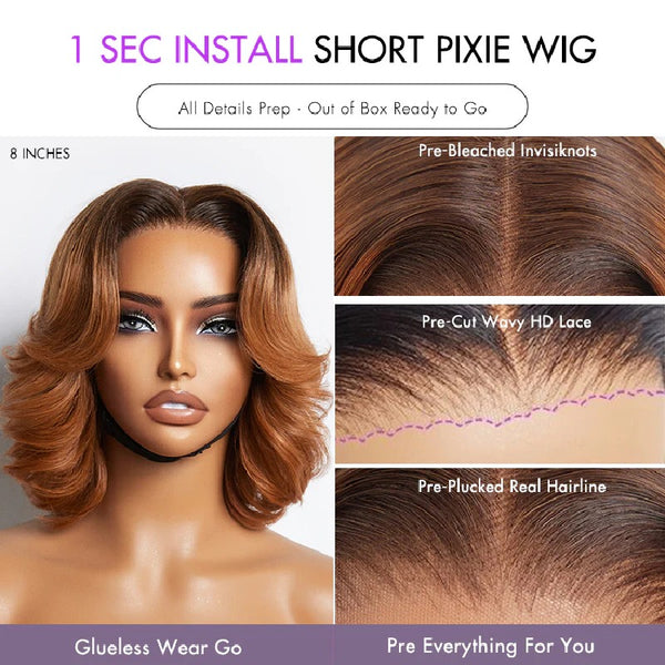 4x4/13x4 Transparent Lace Pre-plucked Short Pixie Cut Ombre Brown Human Hair Wig