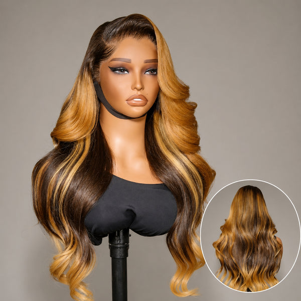 370 Fitted Cap Swiss Lace Layered Highlight Wavy Wig With Invisible Adjustable Strap