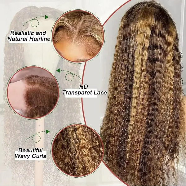 370 Fitted Cap Swiss Lace Highlight Wig Invisible Adjustable Strap Deep Wave