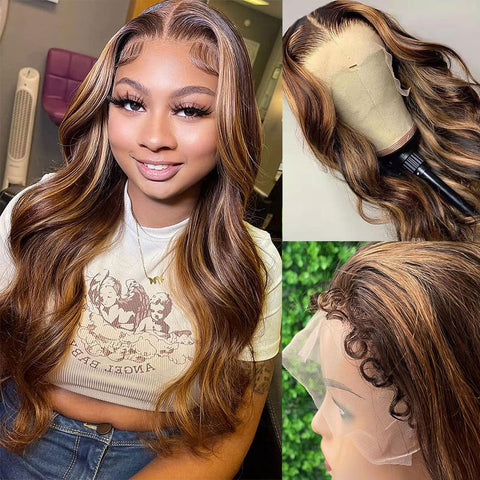 Honey Blonde Highlight Curly Edge Precolored Body Wave Lace Frontal Wig