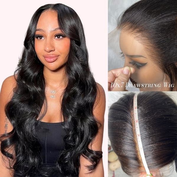 10x7 Max Parting Glueless Human Hair Drawstring Swiss Lace Wavy Wigs