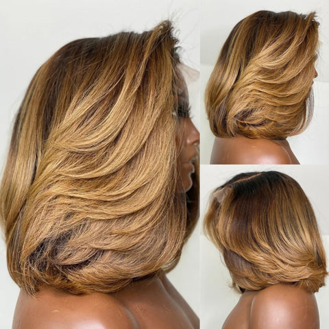 Ombre Honey Blonde Layered 13X6 Lace Front Pre-plucked Hairline Bob Wig