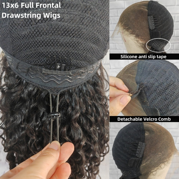 13x6 Full Frontal Drawstring  Pre-Cut Swiss Lace Closure Wig - Deep Wave