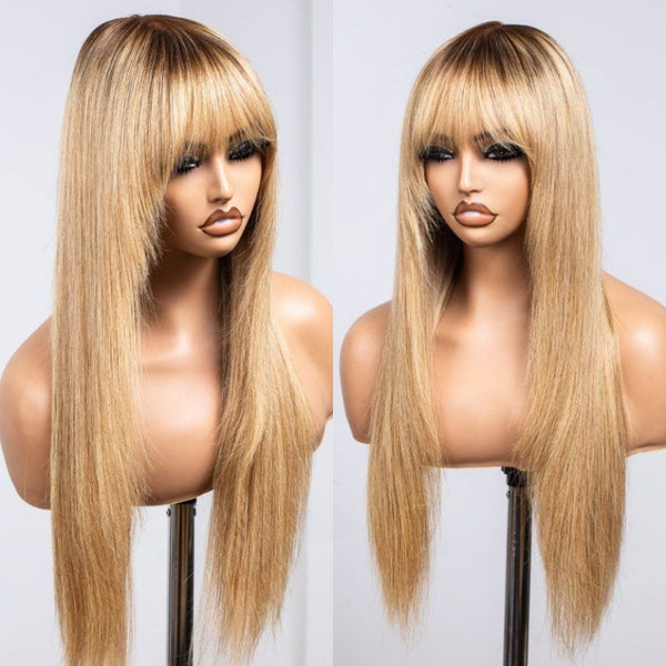 Long blonde Layered Straight 13X6 Lace Front Pre-plucked Hairline Wig With Bangs