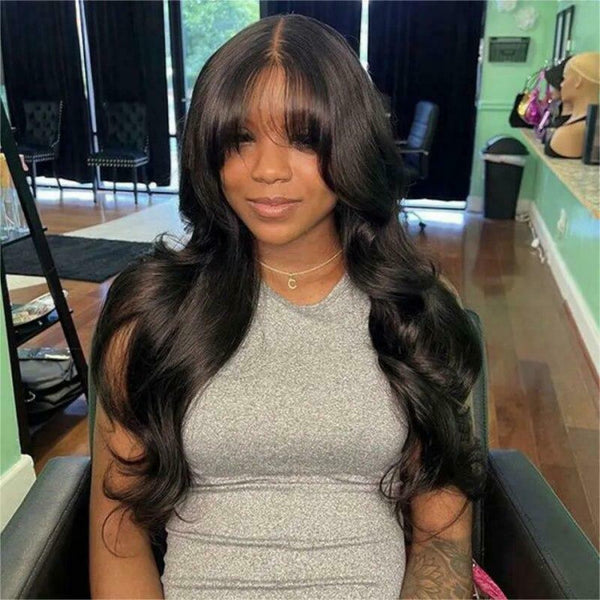5x5 Transparent Lace Closure Glueless Body Wavy with Curtain Bangs Wig