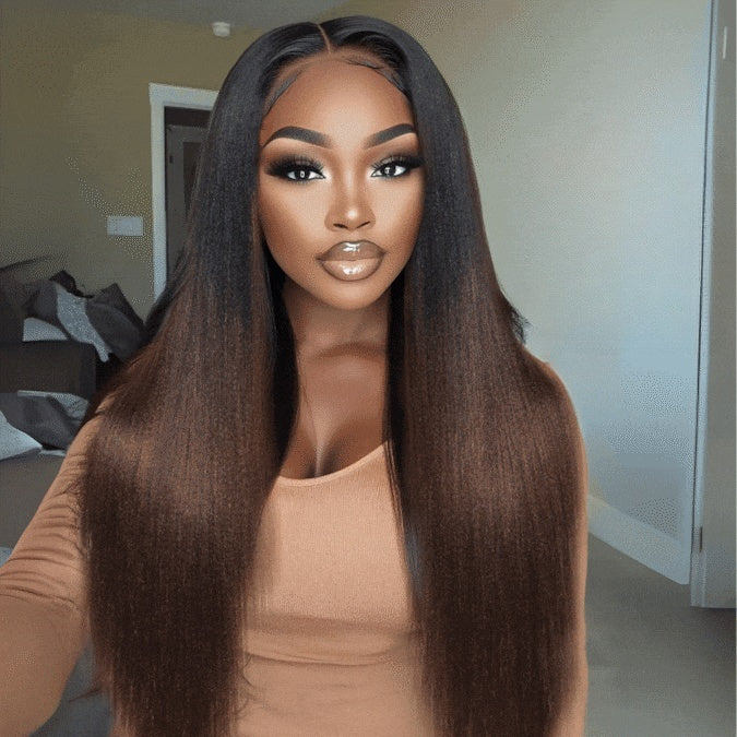 EasiContour V Part Glueless Chestnut Brown Ombre Yaki Straight Wig With New Drawstring