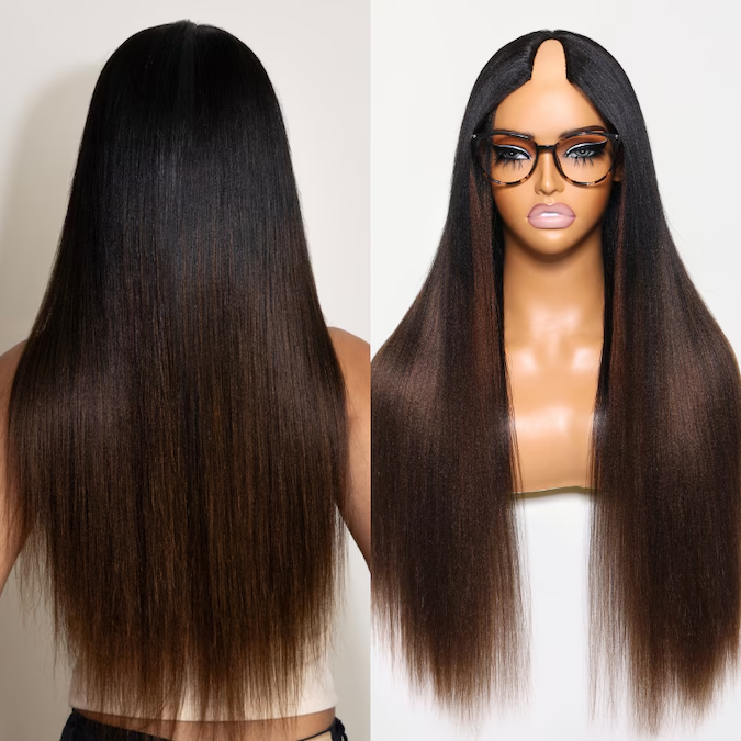 EasiContour V Part Glueless Chestnut Brown Ombre Yaki Straight Wig With New Drawstring