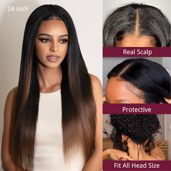 EasiContour V Part Glueless Chestnut Brown Ombre Yaki Straight Wig With New Drawstring