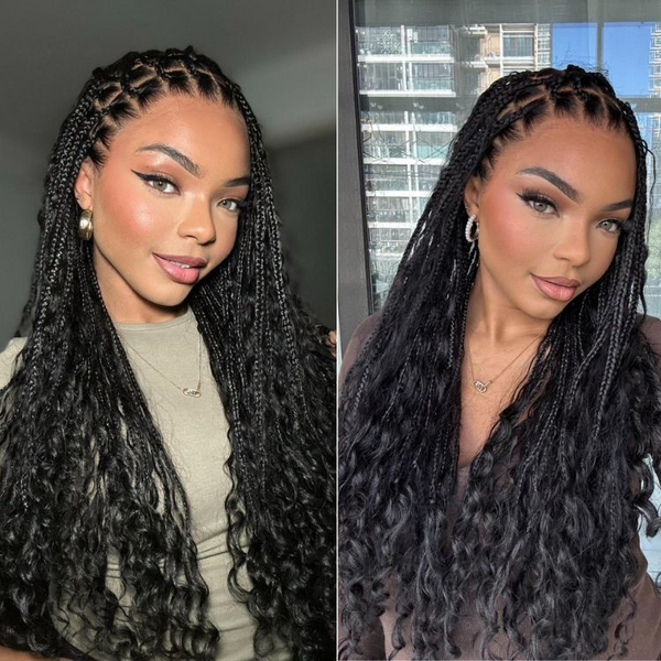 Full Lace Knotless FITTED CAP Boho Curls Braided Long Wig With Invisible Strap