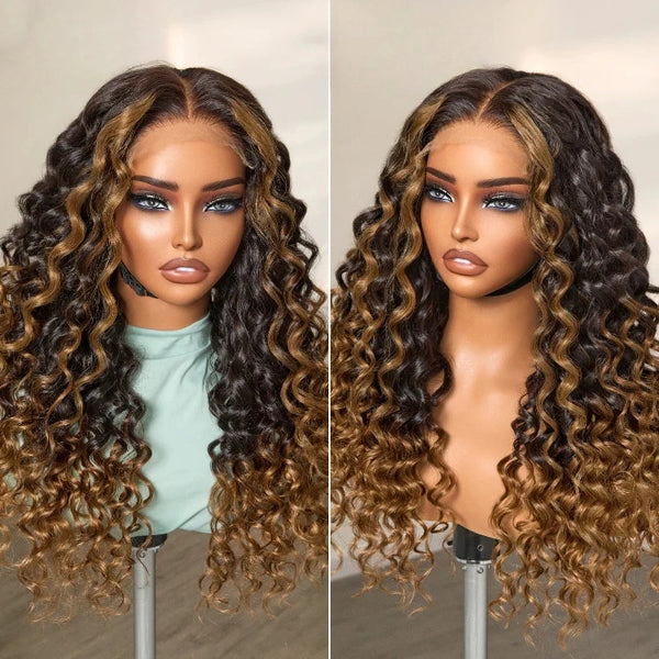Brown Ombre Highlights "Mini Knotless" 13x6 HD Lace Super Pre-plucked Hairline 250% Density Wig - Water Wave