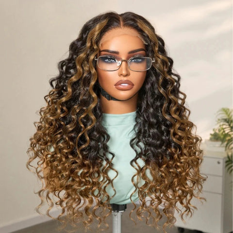 Brown Ombre Highlights "Mini Knotless" 13x6 HD Lace Super Pre-plucked Hairline 250% Density Wig - Water Wave