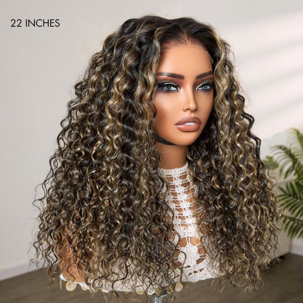 370 Fitted Cap Swiss Lace Wig Invisible Adjustable Strap Water Wave Highlight