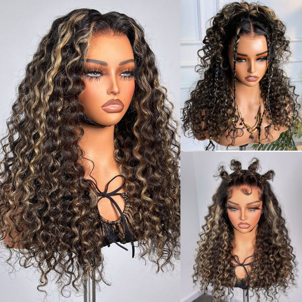 370 Fitted Cap Swiss Lace Wig Invisible Adjustable Strap Water Wave Highlight