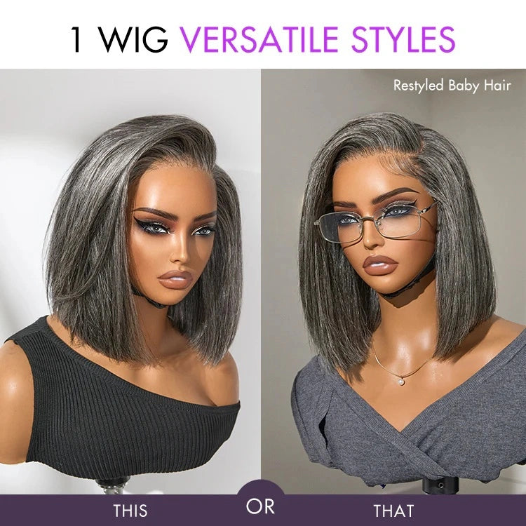 【Lux Customization】Grey Bob Salt and Pepper 13x6 Swiss Lace Front wig