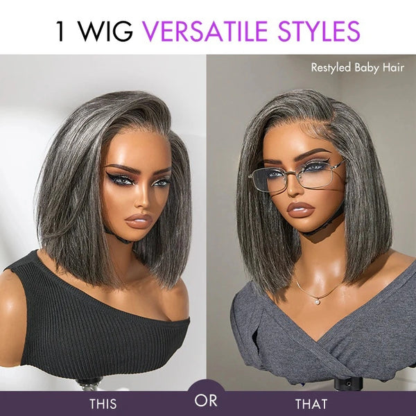 【Lux Customization】Grey Bob Salt and Pepper 13x6 Swiss Lace Front wig