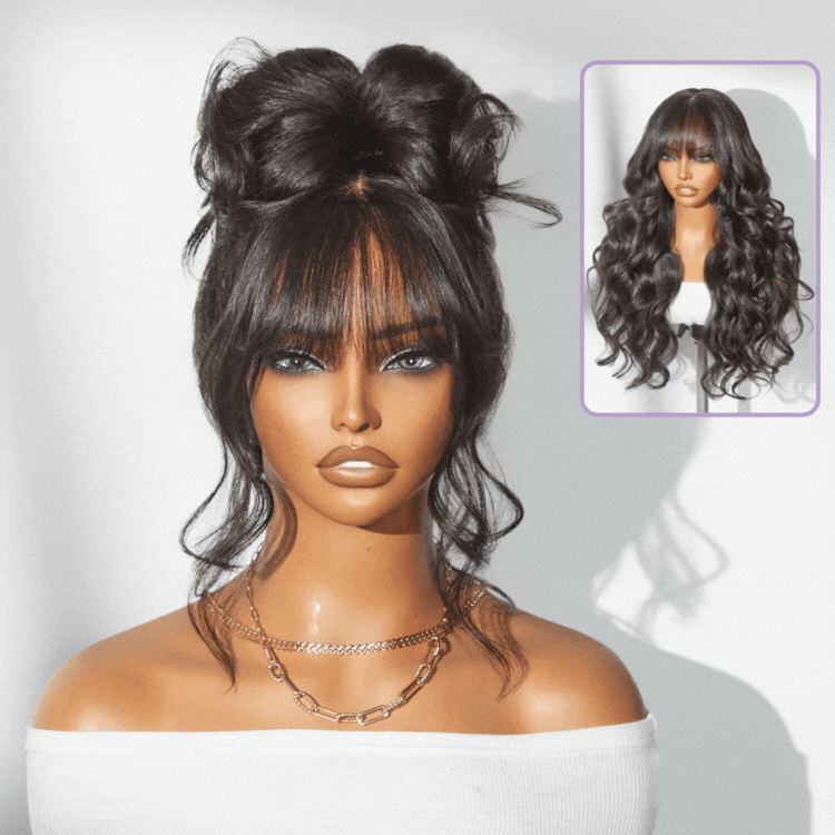 PRE-CUT EAR TAB 360 Lace “Mini-Knotless” Swiss Lace Natural Wave With Bangs with Invisible Adjustable Strap