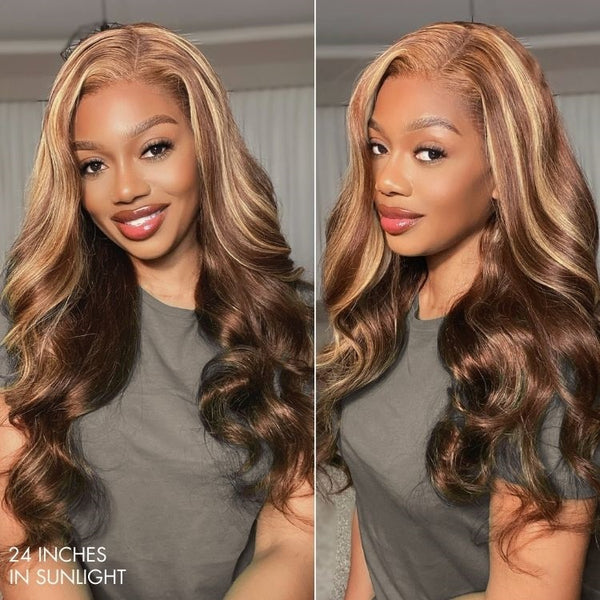 Honey Blonde Highlight "Mini Knotless" 13x6 HD Lace Super Pre-plucked Hairline Wig - Body Wave