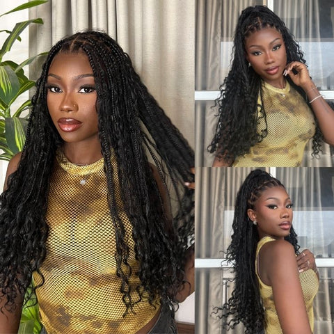 Full Lace Knotless FITTED CAP Boho Curls Braided Long Wig With Invisible Strap