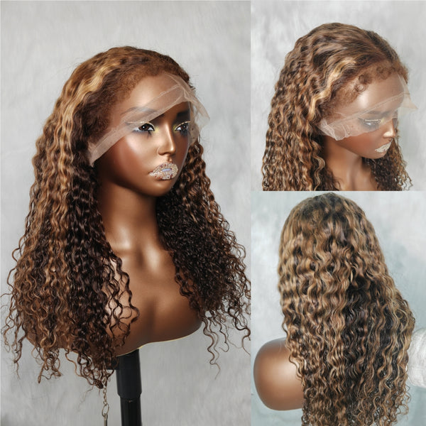 370 Fitted Cap Swiss Lace Curly Edge Highlight Wig With Invisible Adjustable Strap