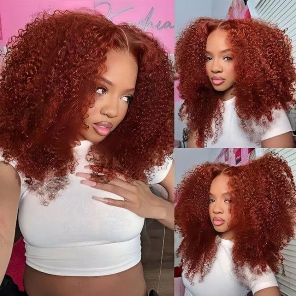 13X4/13X6 Transparent Lace Pre-plucked Reddish Brown Colored Kinky Curly Wig