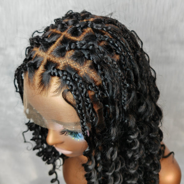 Full Lace Knotless FITTED CAP Boho Braided Wig With Invisible Strap Bouncy Curls