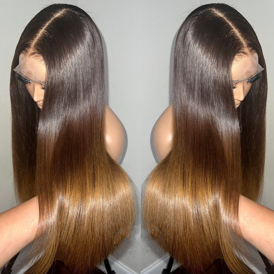 13x4/13x6 Transparent Lace Pre-plucked Ombre Honey Blonde Brown Straight Human Hair Wig