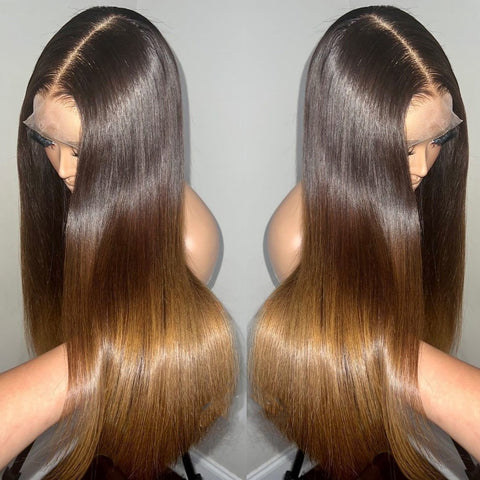 13x4/13x6 Transparent Lace Pre-plucked Ombre Honey Blonde Brown Straight Human Hair Wig