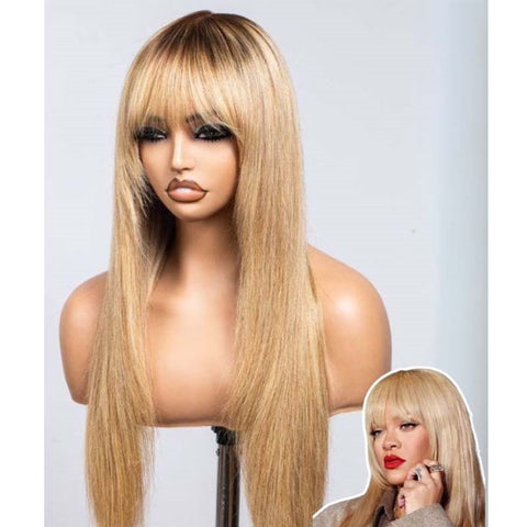 Long blonde Layered Straight 13X6 Lace Front Pre-plucked Hairline Wig With Bangs