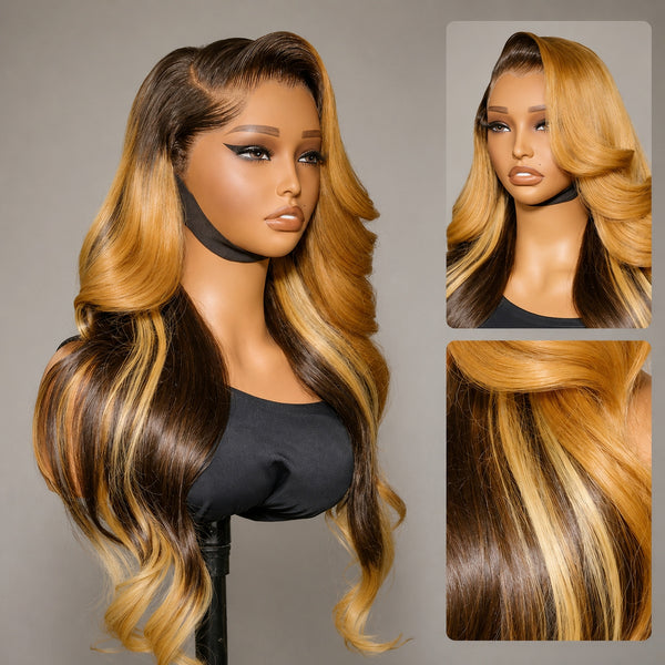 370 Fitted Cap Swiss Lace Layered Highlight Wavy Wig With Invisible Adjustable Strap