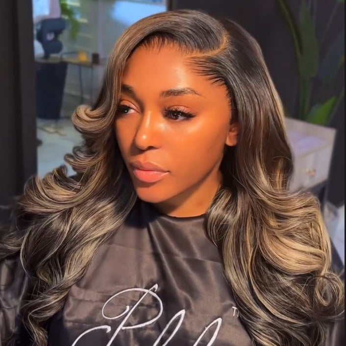 Pre-curled Pre-Lux PRESHAPED Natural Hairline 13x6 Lace Side Parting Highlight Color Body Wave Wavy Wig