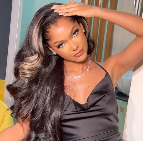 Pre-curled Pre-Lux PRESHAPED Natural Hairline 13x6 Lace Side Parting Special Highlight Color Body Wave Wavy Wig