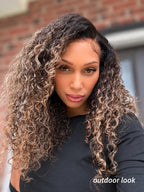 9X6 Drawstring Swiss Lace Wig Curly Champagne Mocha Highlight