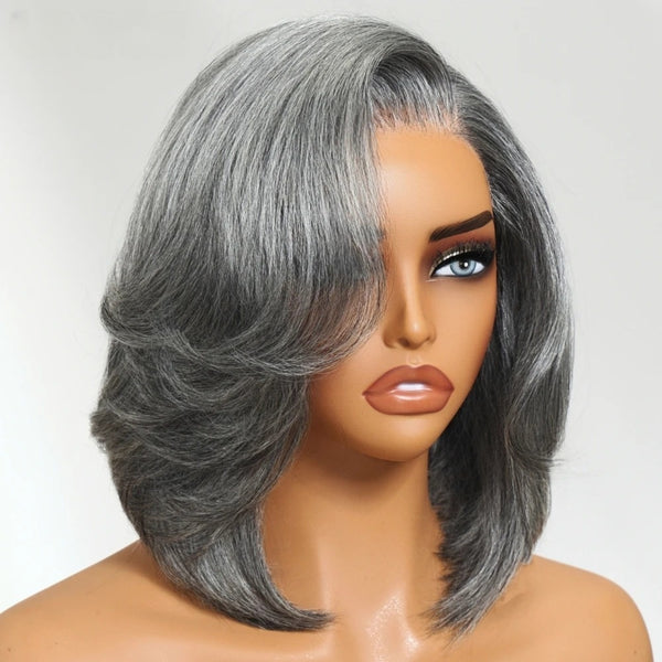 【Lux Customization】Layered Grey Bob Salt and Pepper 13x6 Swiss Lace Front wig