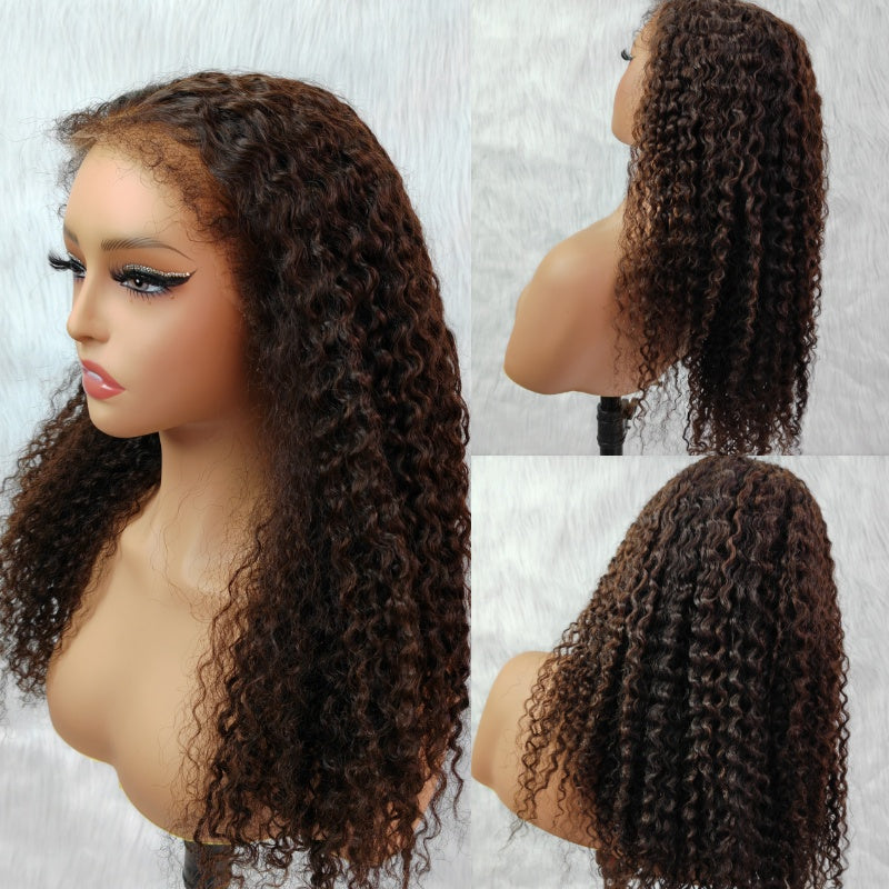 PRE-CUT EAR TAB 360 Lace Swiss Lace Jerry Curly Brown Color With Invisible Adjustable Strap And Curly Edges All Around