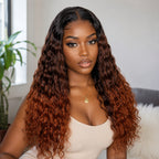 7X5 Drawstring  Pre-Cut Swiss Lace Closure Ombre Brown Copper Wig - Water Wave