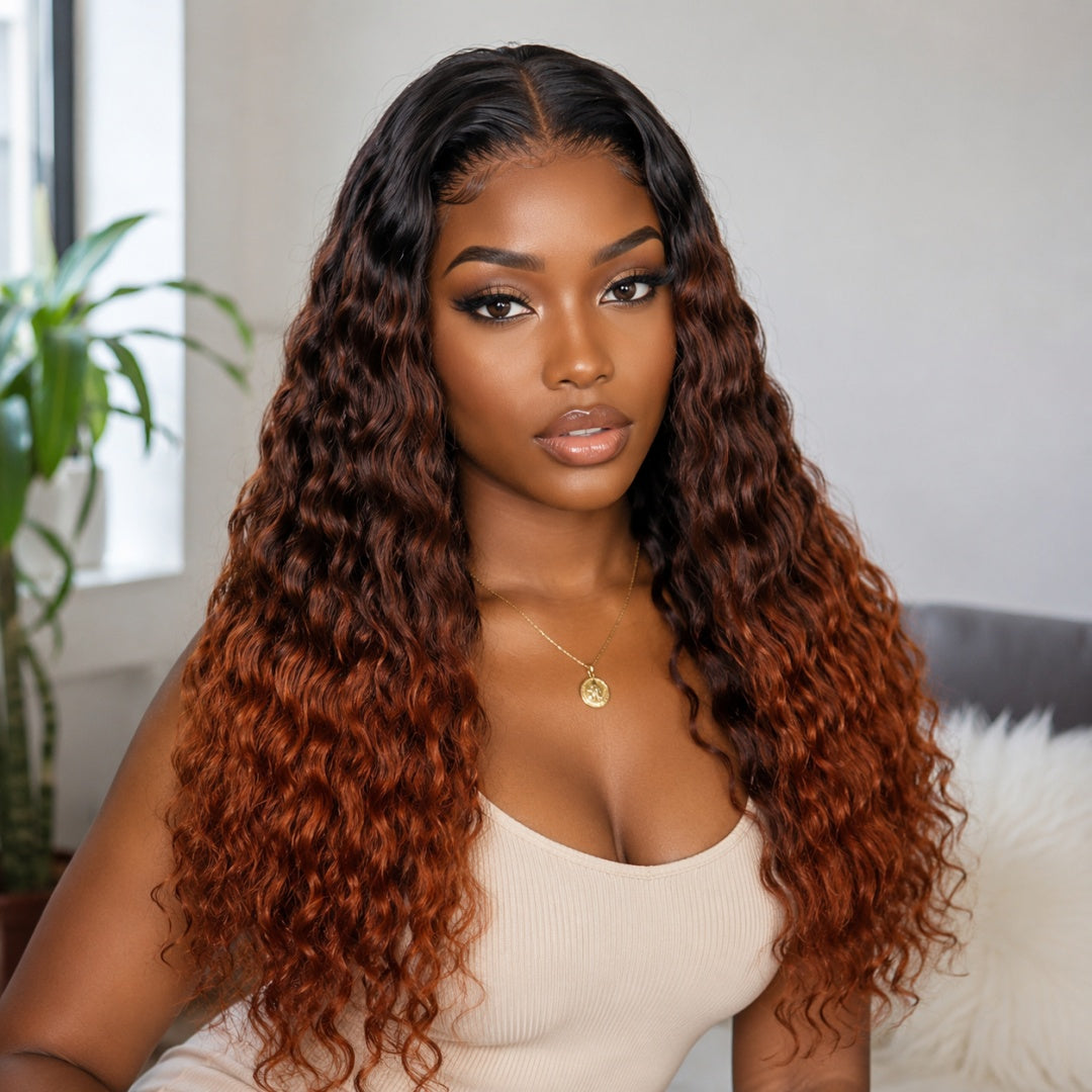 7X5 Drawstring  Pre-Cut Swiss Lace Closure Ombre Brown Copper Wig - Water Wave