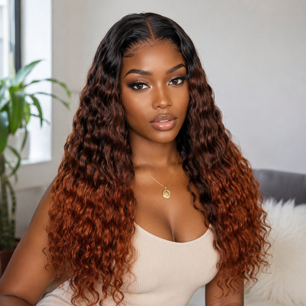 7X5 Drawstring  Pre-Cut Swiss Lace Closure Ombre Brown Copper Wig - Water Wave